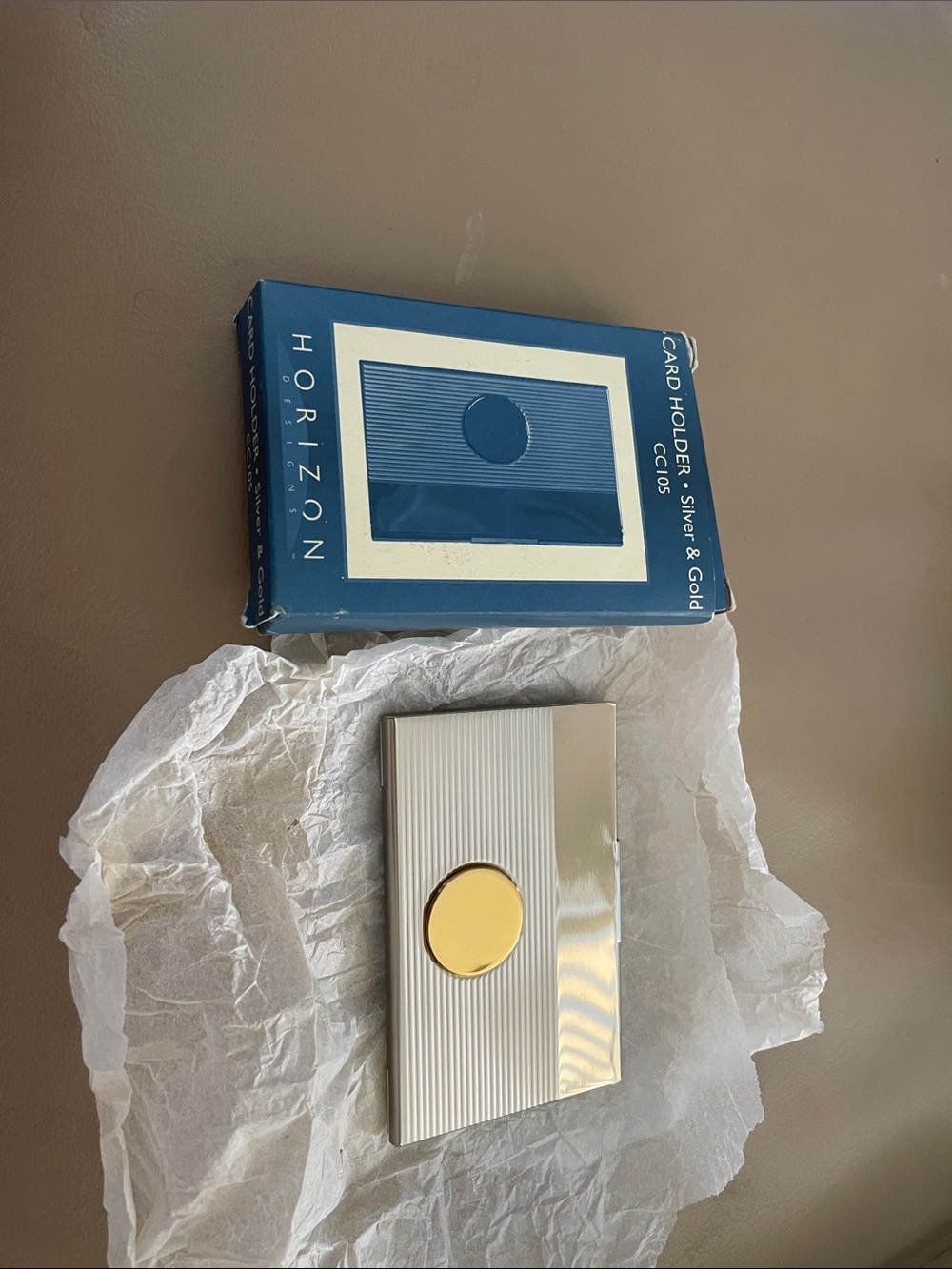 Silver Card Holder with Gold Accent new in box. Can be engraved great gift